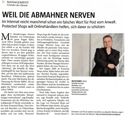 Faksimile: Financial Times Deutschland — Gründer des Monats, Oliver Korpilla, 2009